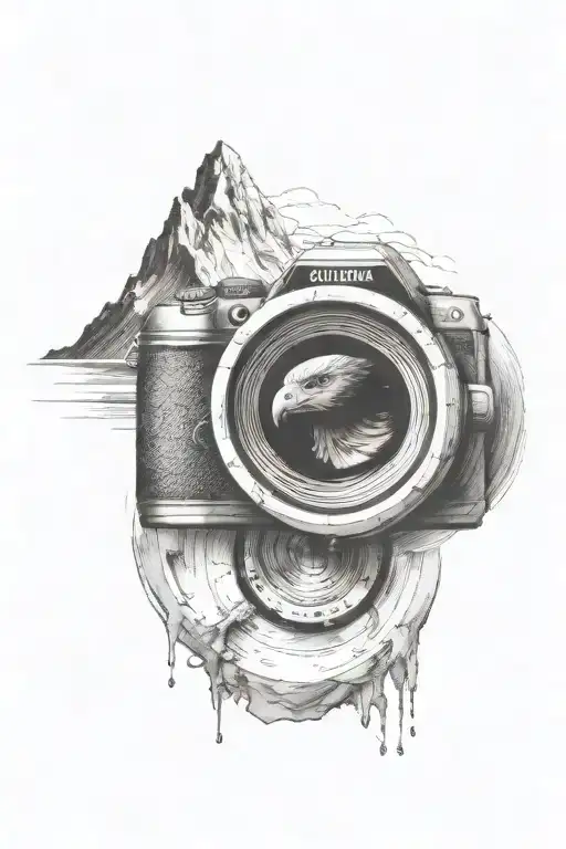 Camera Lens With Mountain Scene With Single Eagle Soaring Inside