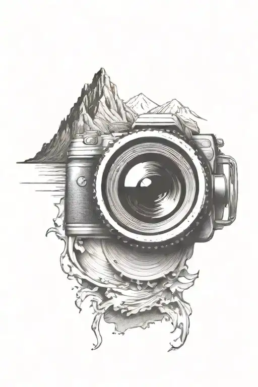 Camera Lens With Mountain Scene With Single Eagle Inside And River Flowing Below