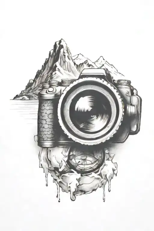 Camera Lens With Mountain Scene With Single Eagle Inside And River Flowing Below