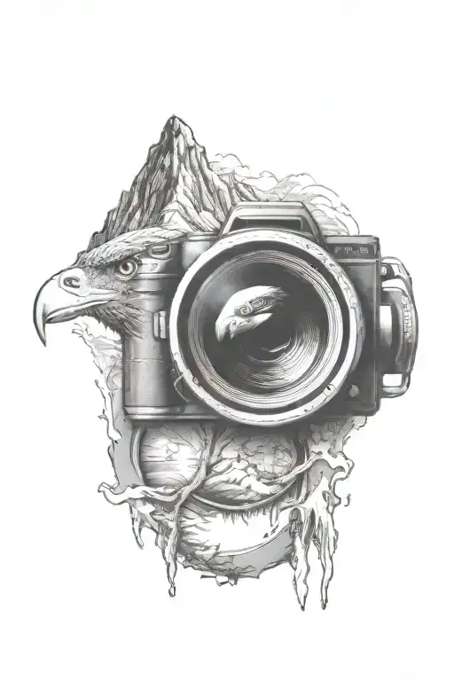 Camera Lens With Mountain Scene With Single Eagle Inside And River Flowing Below