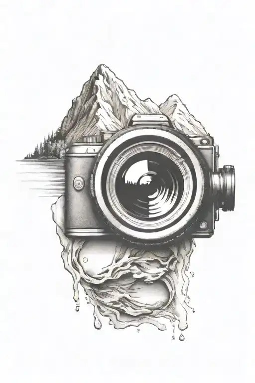 Camera Lens With Mountain Scene Inside And River Flowing Below