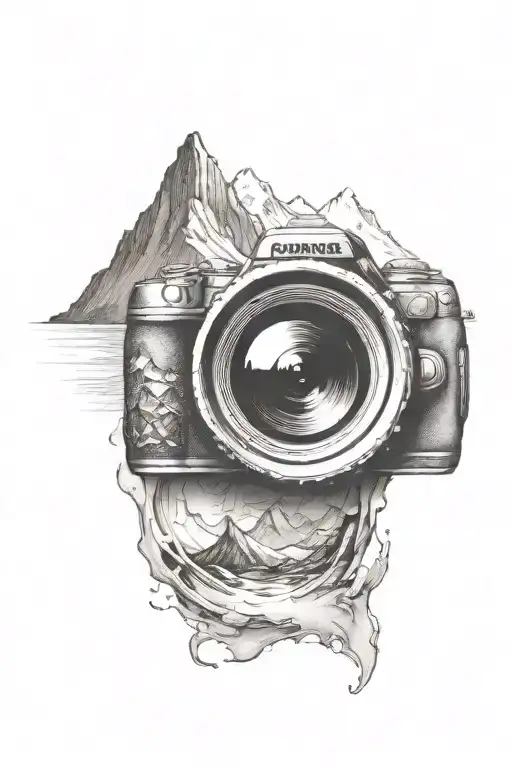 Camera Lens With Mountain Scene Inside And River Below