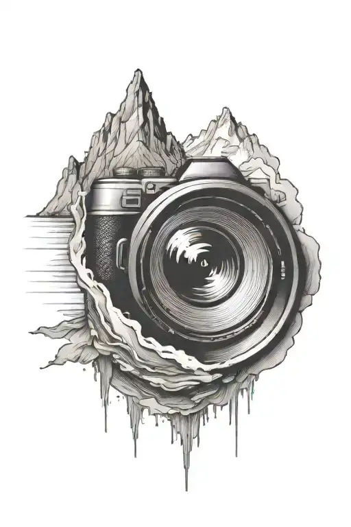 Camera Lens With Mountain Scene Inside And River Below