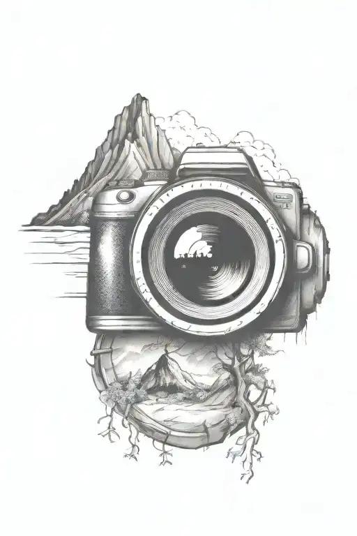 Camera Lens With Mountain Scene And Trees Looking Through Lens