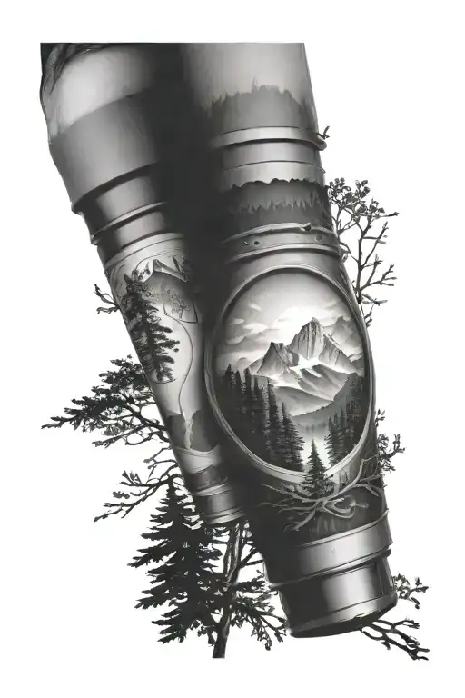 Camera Lens With Mountain Scene And Trees Looking Through Lens