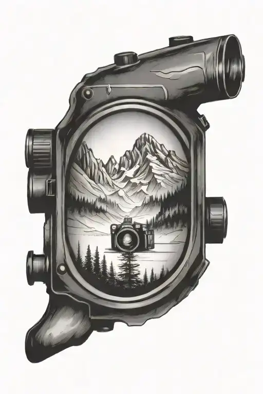 Camera With Lens Surrounded By Mountain Scene And Trees