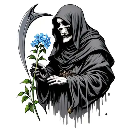 Grim Reaper Smelling Forget Me Not Flower With Scythe In Other Hand