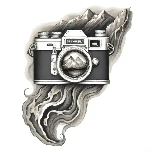 Camera With Mountains Rising Above And River Flowing Below