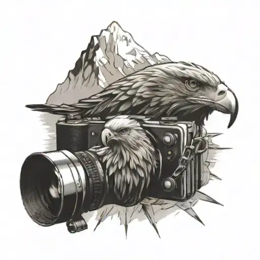 Camera Surrounded By Mountain Landscape Featuring A Soaring Eagle