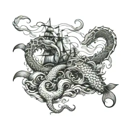 Sea Monsters Fight Against Sailors In The Ocean In Engraving Style