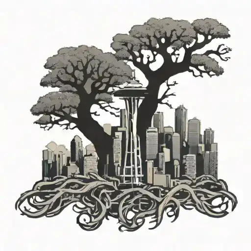 Seattle Skyline Silohuette With Tree Roots Underneath