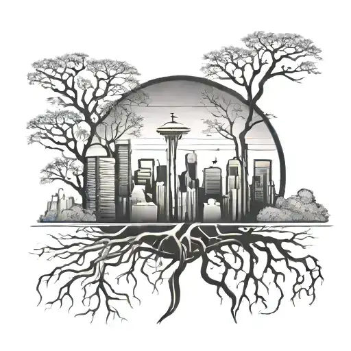 Simple Seattle Skyline Silohuette With Tree Roots Underneath