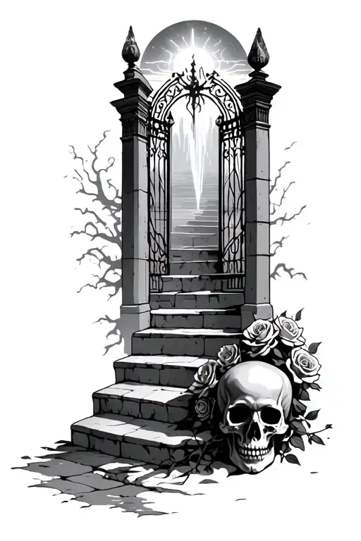 Stairway To Heaven Gates With Skull Near The Bottom By Hell And Roses Going Up Towards Heaven