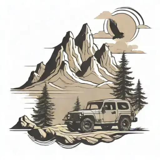 Mountain Scene With A Jeep Driving And Soaring Eagle