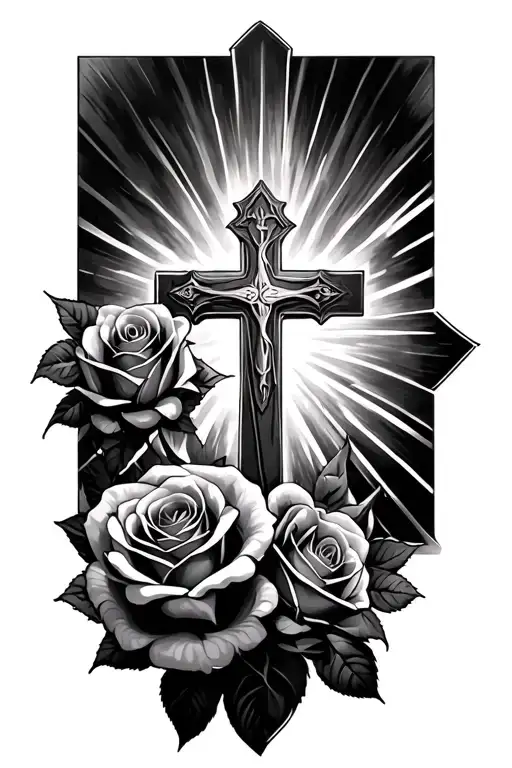 Roses With Light Beams And A Biblical Cross