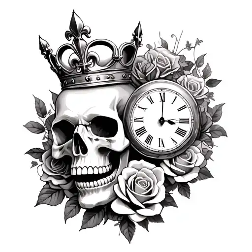 Lovers Skull Wearing A Crown Surrounded With Roses And Fleur De Lis And Clock