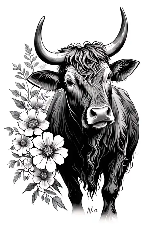 Highland Bull And Flowers