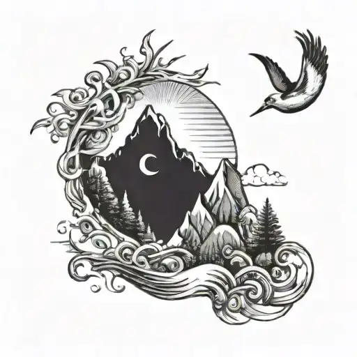 Sun And Moon With Birds Over Mountains That Meet The Ocean And Have Trees