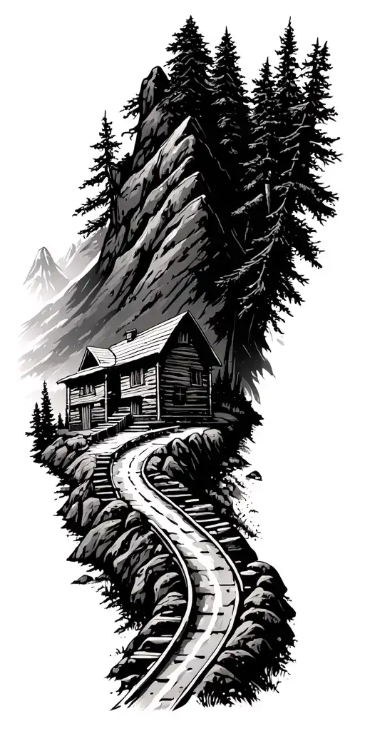 Mountain Cabin And Rail Winding Road Leading