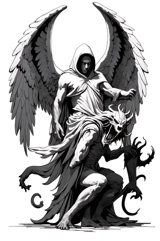 Hooded Arch Angel Defeating A Demon