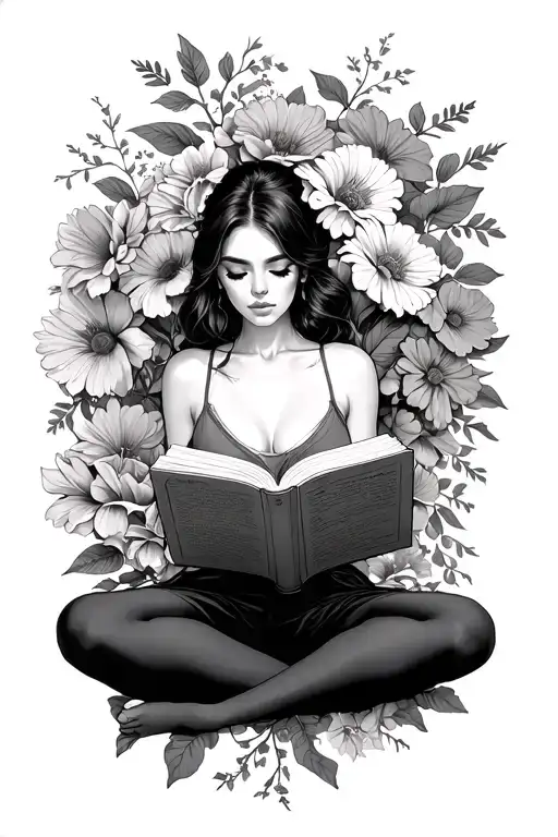 A Woman Sitting Reading A Book Open In Front With Flowers Around Her