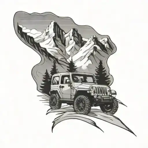Mountain Scene With Jeep Wrangler Driving In The Foreground