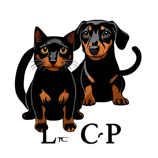 Dachshund And Cat As A Silhouette With The Letters L C P
