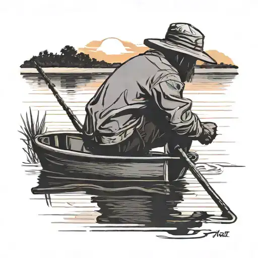 A Serene Sunset Over A Calm Lake With A Silhouette Of A Fisherman In A Fishing Bucket Hat