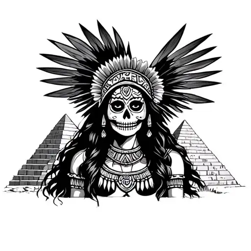 Aztec Woman Warrior With Sugar Skull For Face And Pyramid In Background