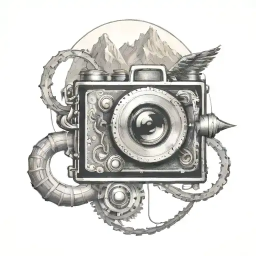 Steampunk Camera With Mountains Panorama And A Soaring Eagle