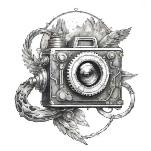 Steampunk Camera With Mountains Panorama With Eagle Wings