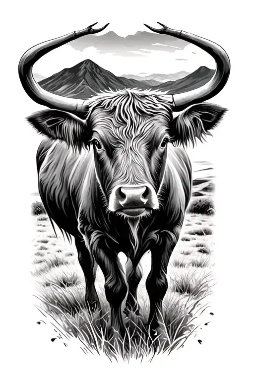 Scottish Cattle With Hills And Locj In Black Grey Style