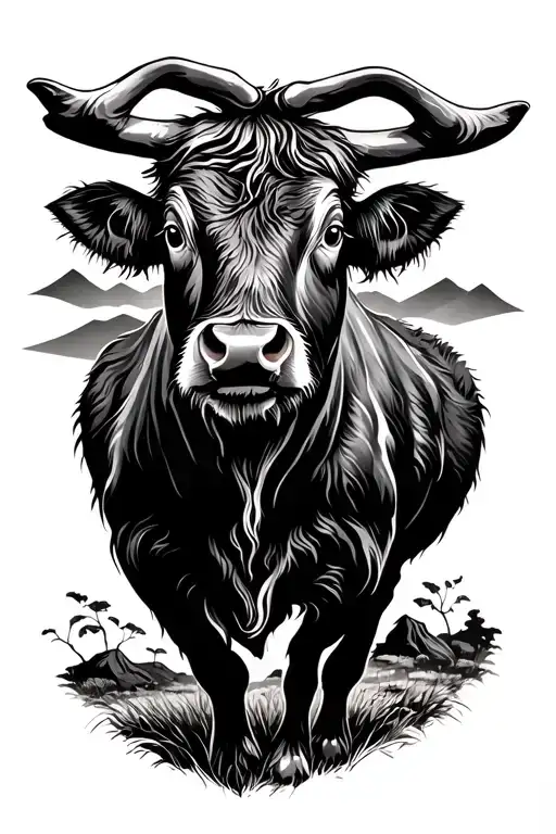 Scottish Cattle With Hills And Locj In Black Grey Style