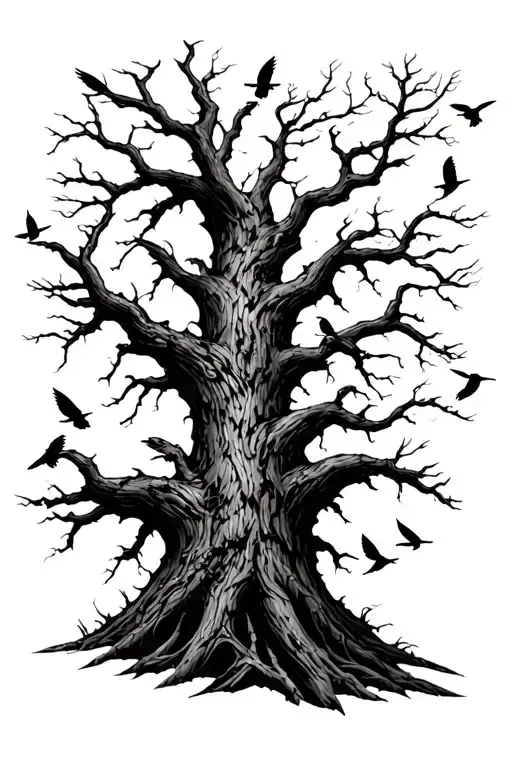 Dead Tree With Sparrows Flying