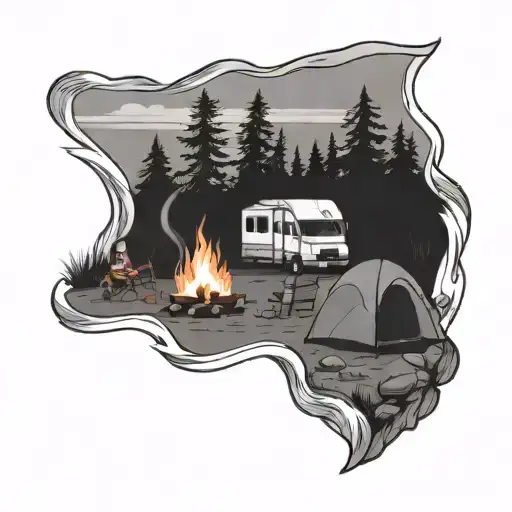 Rv Camping Scene With Family Around A Campfire Surrounded