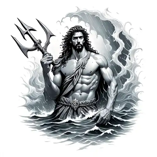 Poseidon With Trident Surrounded My Rain And The Ocean