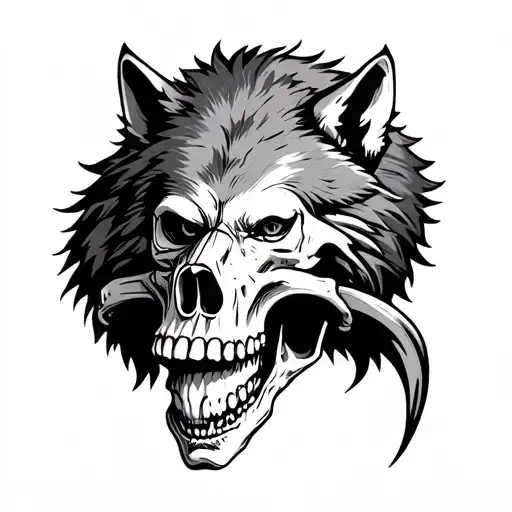 Aggressive Wolf Head Holding A Skull