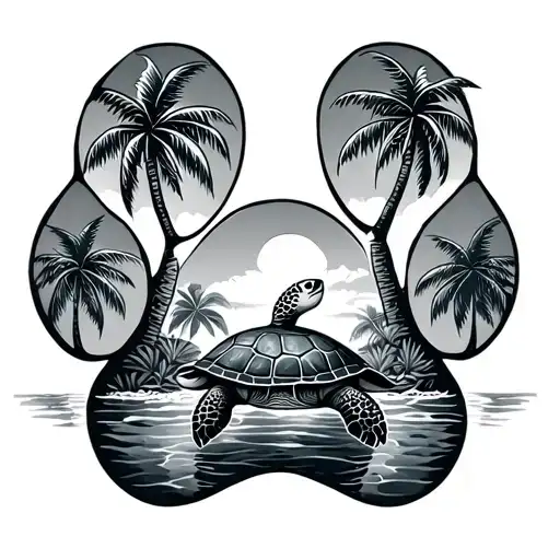 Dog Paw Print With Sea Turtle In Middle And Palm Trees