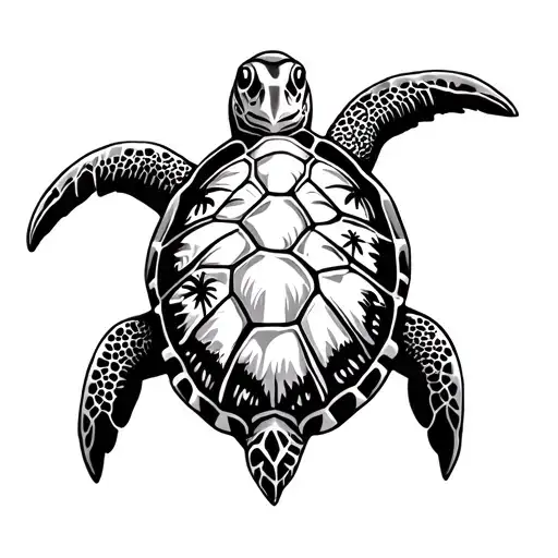 Sea Turtle With Palm Trees In Shell Pattern