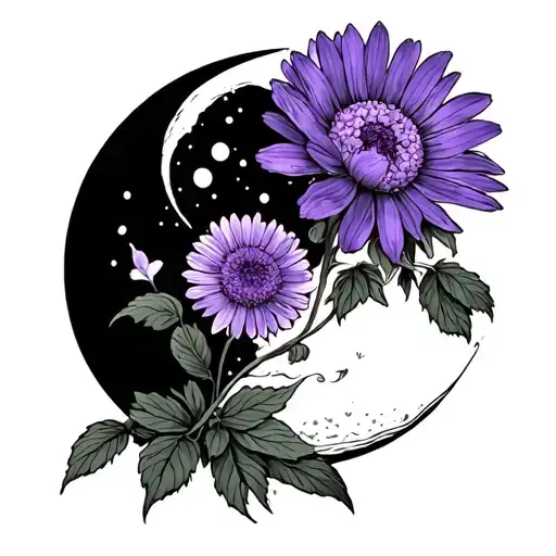 Violet Flower And Aster Flower Sitting Side Of Moon