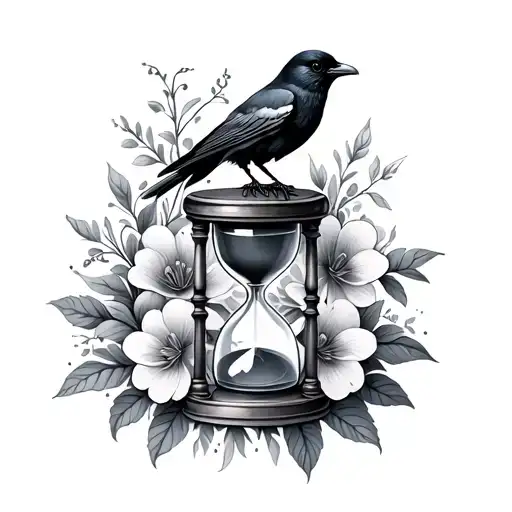 Hourglass With Flowers And Crow Perched On Top