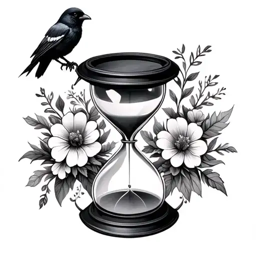 Hourglass With Flowers Inside And Crow Perched On Top