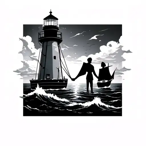 Lighthouse Guiding Ships Couple Holding Hands