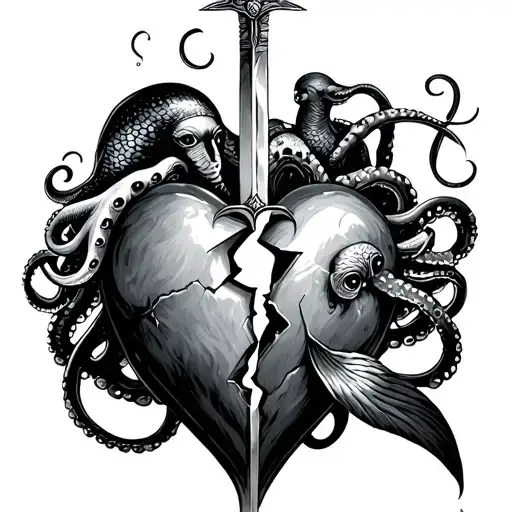 A Broken Heart Pierced With A Saber With A Mermaid Above And An Octopus Below
