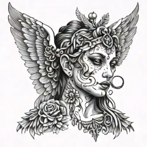 A Portrait Of An Angelic Figure Adorned With Various Tattoos And Piercings