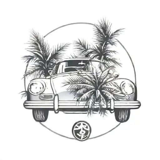 Laurel Wreath With Porsche Inside And Palm Trees Around