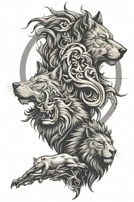 Wolf And Lion With A Sun Behind Them