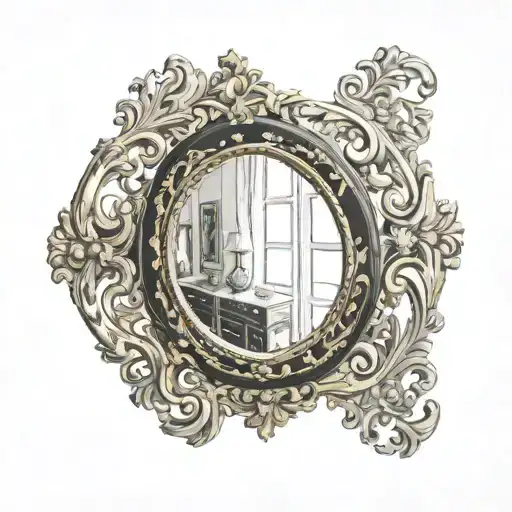 An Oval Gold Framed Mirror With Black Inside The Frame