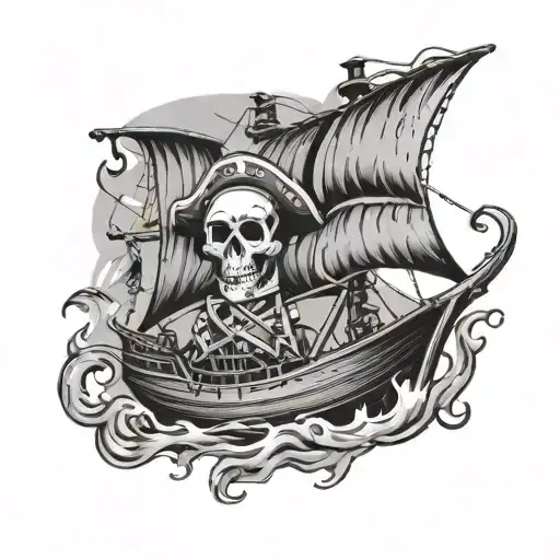 A Pirate Flag With A Burning Ship And Skeletal Crew