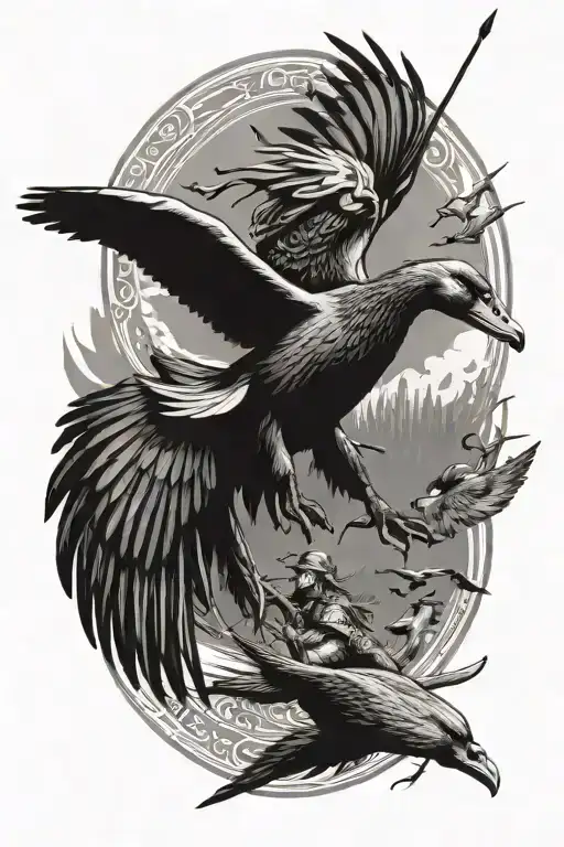 A Unique Design Combining Elements Of Vinland Saga And Duck Hunting In A Black-grey Style